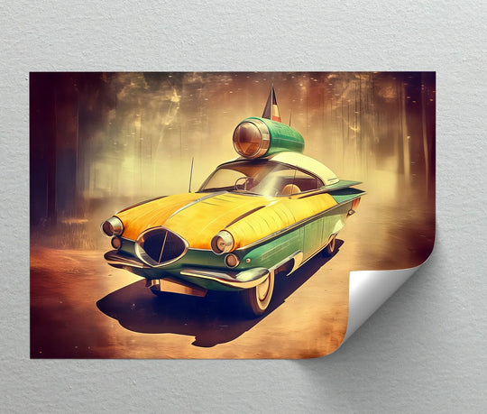 Layered composition highlights the depth within this 'Atomic Cruiser' car canvas print, showcasing its retro concept and offering a premium canvas decor statement.