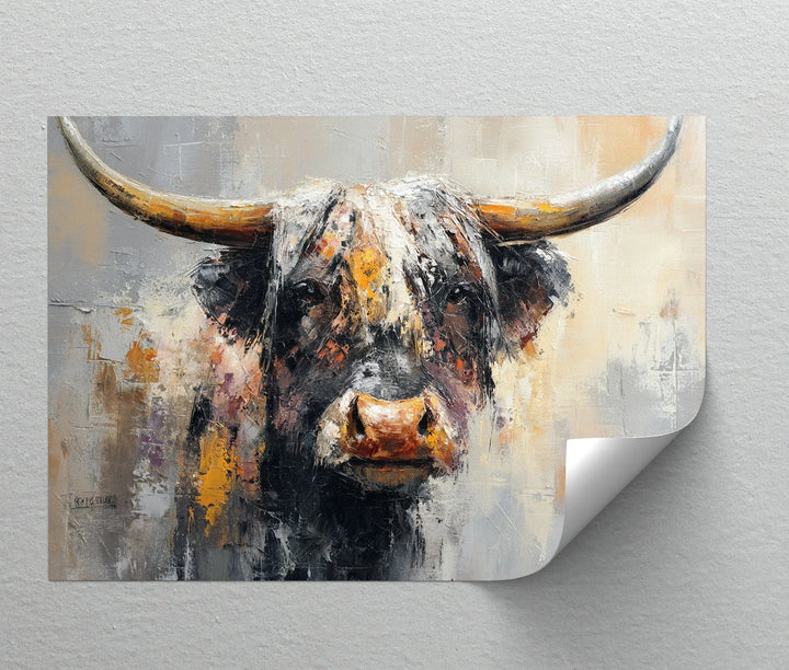 Expressive close-up of a powerful bull with warm tones

