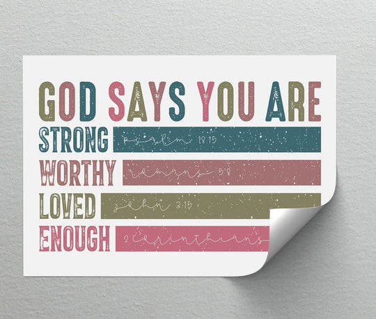 Foreground details show a corner of this 'God Says You Are' canvas artwork slightly curled, revealing the print's texture and adding dimension to the canvas artwork.