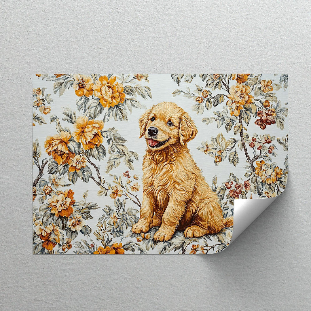 Smiling Golden Retriever Puppy with Vintage Floral Backdrop - Canvas Print - MyPhotoStation