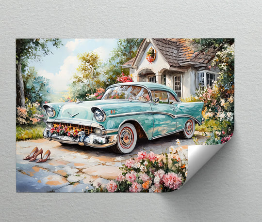 Suggesting a journey through time, the turquoise car canvas art seems to speed from the blossoms toward a cottage, leaving heels in its wake.