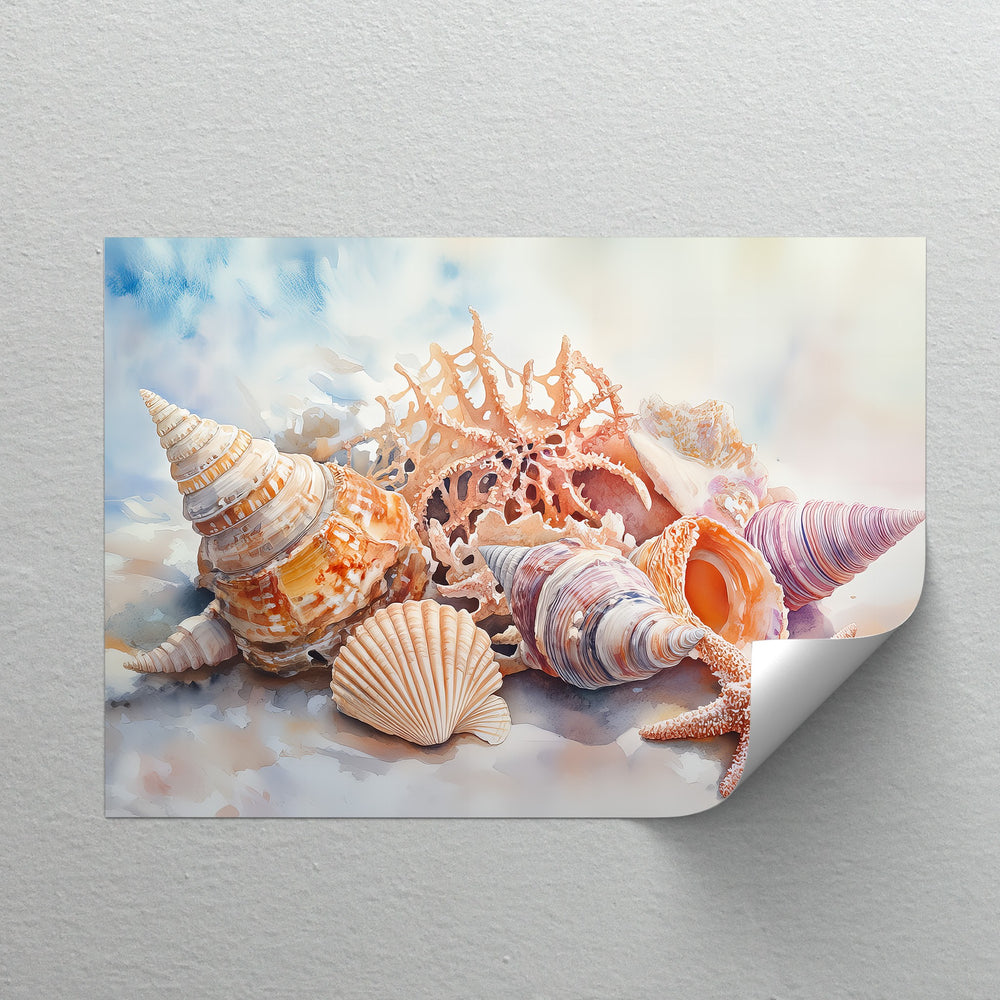 This coastal beach print captures the stunning variety of seashells in watercolor tones, ideal for beach house decor and ocean lovers.

