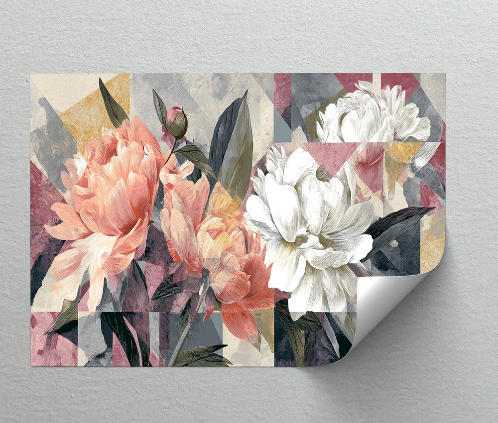 Modern flower wall art featuring pink and white blossoms over bold shapes

