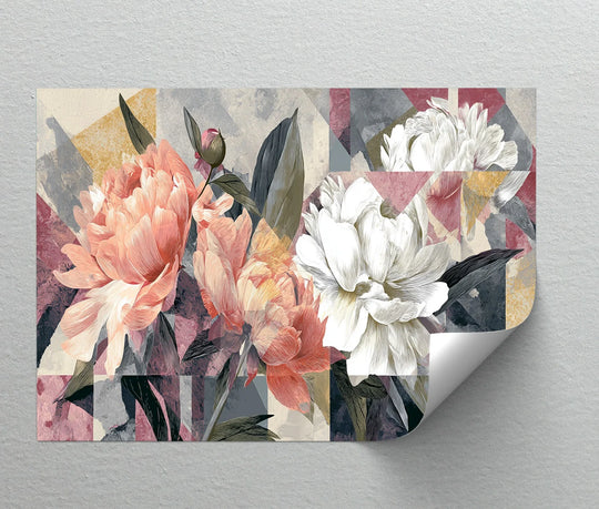 Geometric patchwork in the background complements the high quality canvas prints of abstract peony blooms in this modern petal geometry artwork.