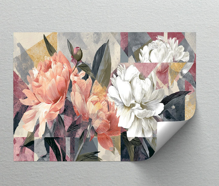 Modern flower wall art featuring pink and white blossoms over bold shapes

