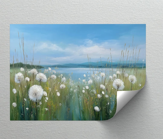 Expansive negative space accentuates a dreamy dandelion field and tranquil lake, a captivating composition within these ready to hang canvas art prints that evoke the whispers of spring.
