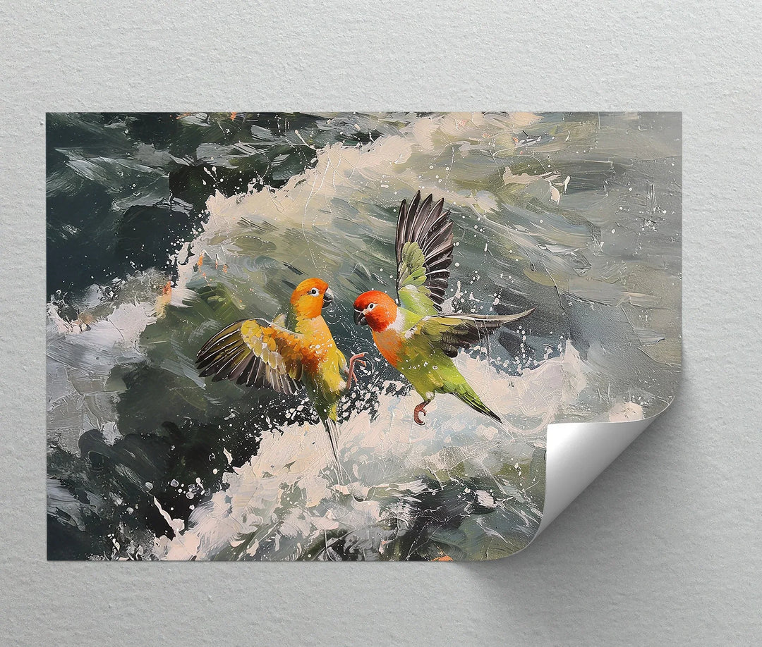 Splash of Love – Colorful Lovebirds Over Ocean Waves Animal Canvas Print - MyPhotoStation