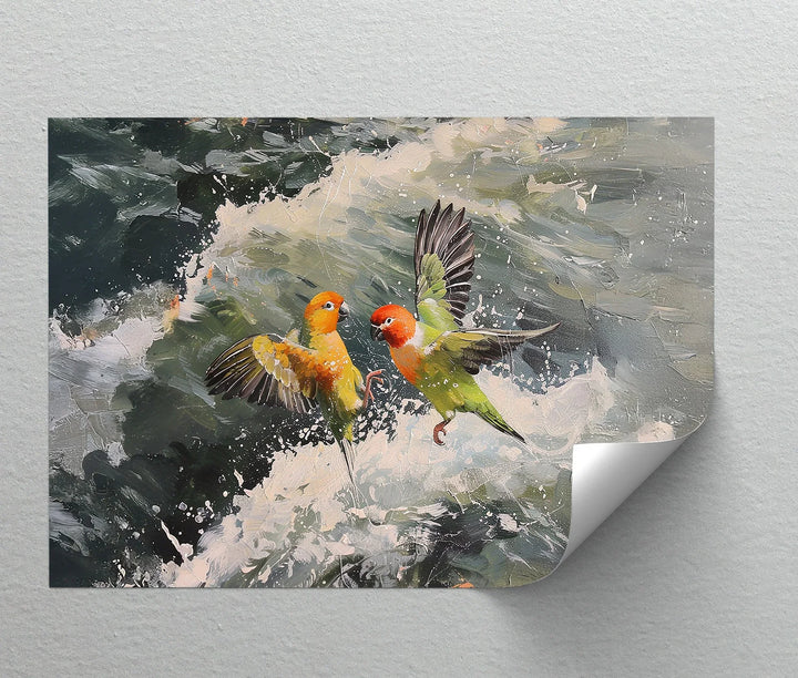 Splash of Love – Colorful Lovebirds Over Ocean Waves Animal Canvas Print - MyPhotoStation