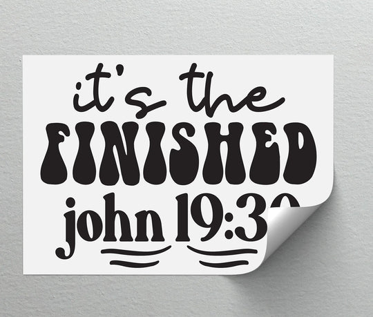 Visual rhythm is created by the repetition and variation of the bold typography in this 'It's Finished' premium canvas decor art print inspired by John 19:30.