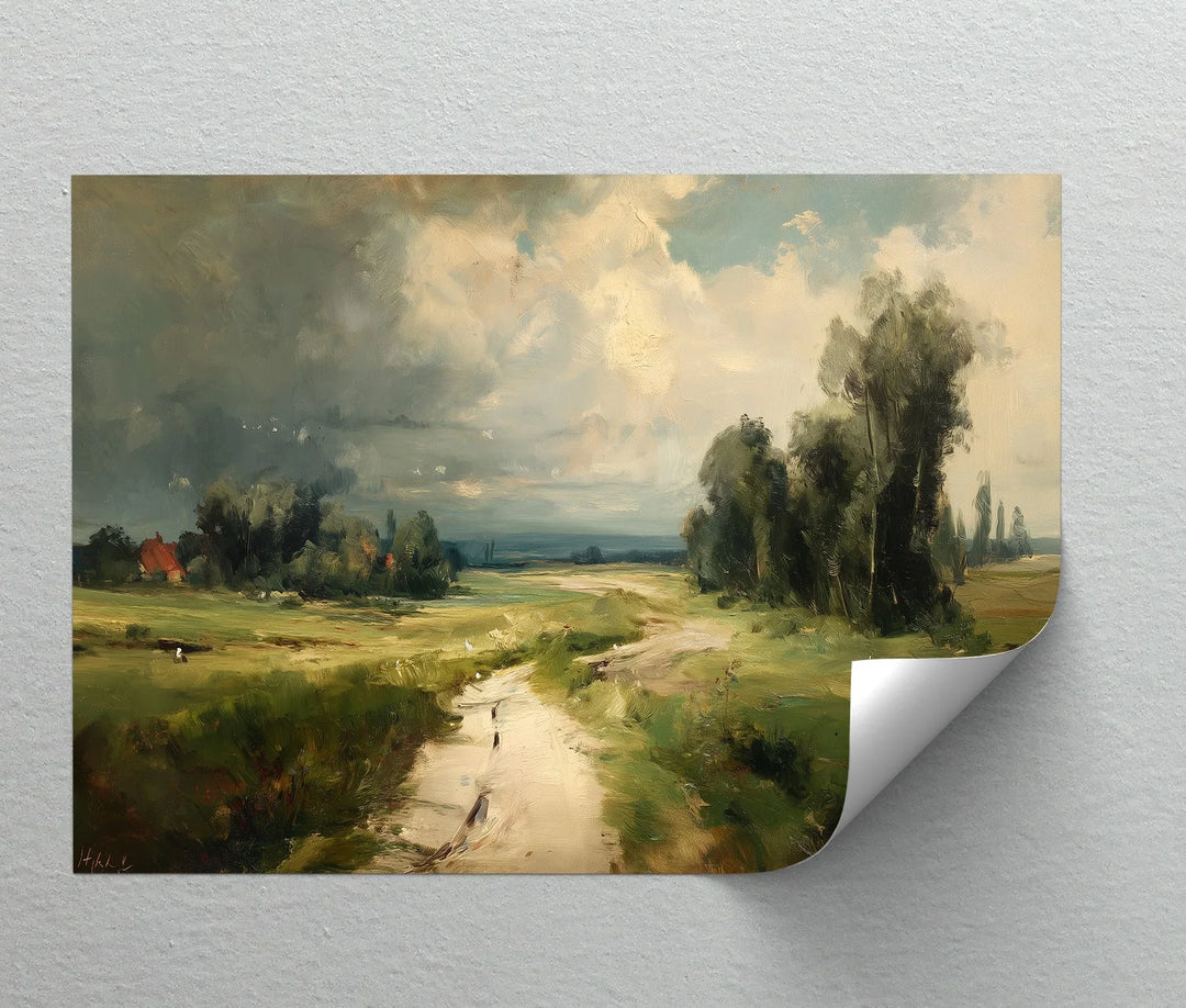 Traditional landscape artwork on canvas showcasing open meadows and clouds
