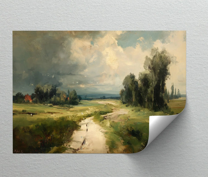 Traditional landscape artwork on canvas showcasing open meadows and clouds
