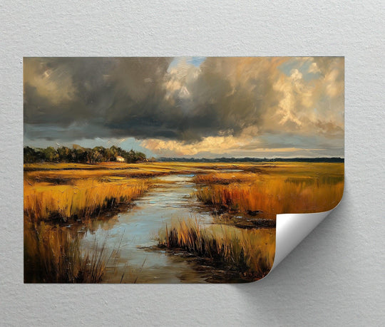 Dramatic interplay of light and shadow defines this golden marshlands landscape canvas painting, highlighting the rich textures of the fields and the turbulent sunset sky.