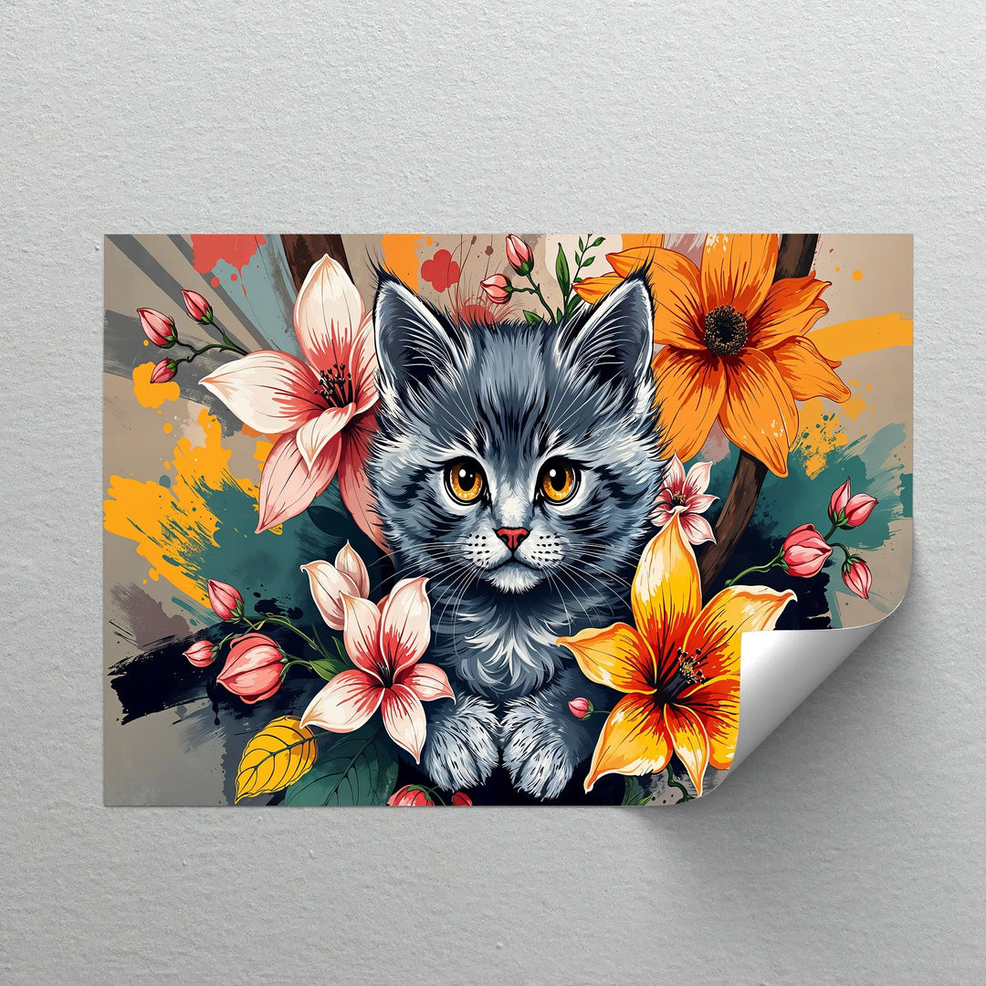 Bloom Burst – Gray Kitten with Vibrant Florals Cat Canvas Print - MyPhotoStation