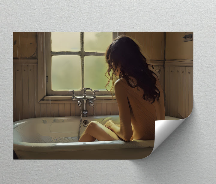 Solitude in the Rain – Erotic Bathtub Canvas Wall Art | Nude Art
