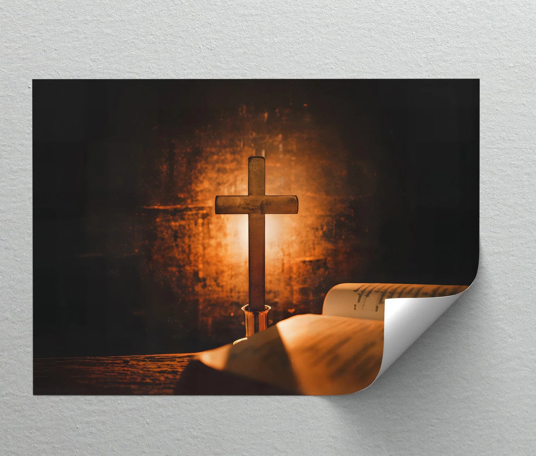 Sacred Glow – Cross and Bible in Candlelight Canvas Print