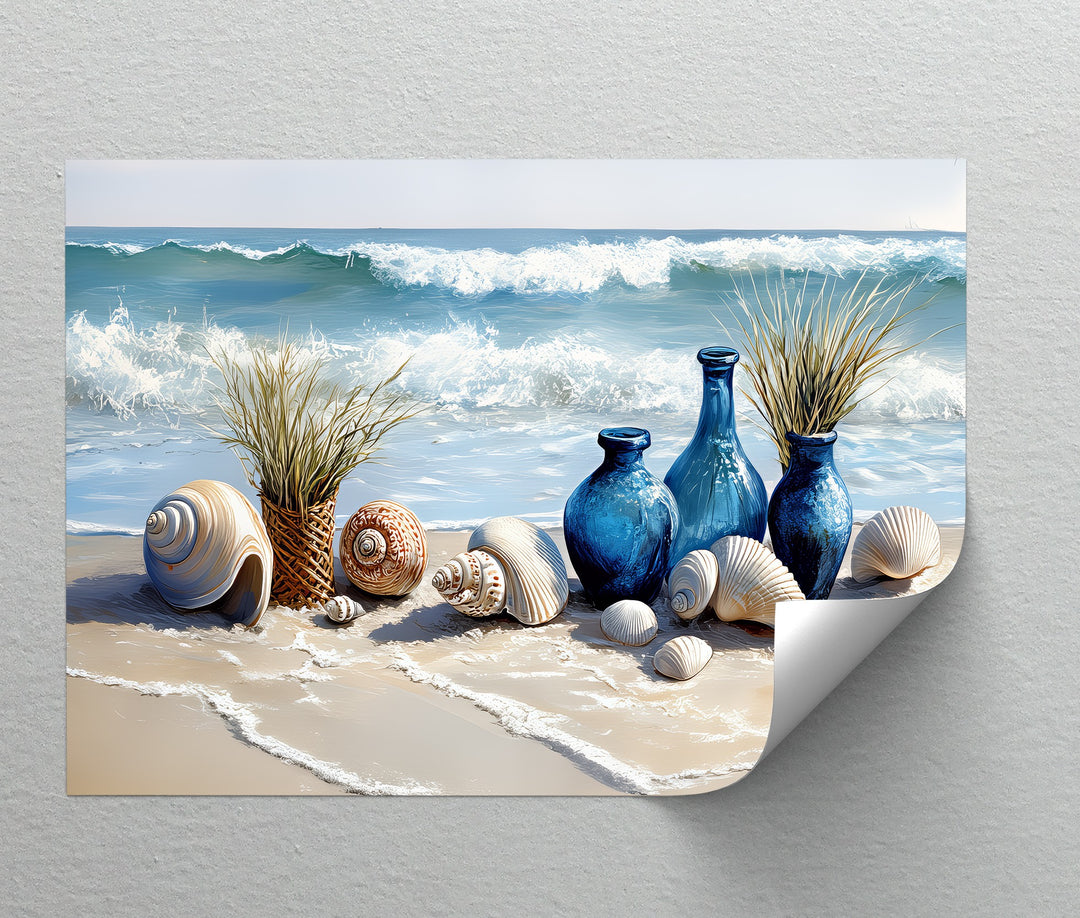 Coastal Calm – Seashells and Blue Vases Beach Scene Canvas Print