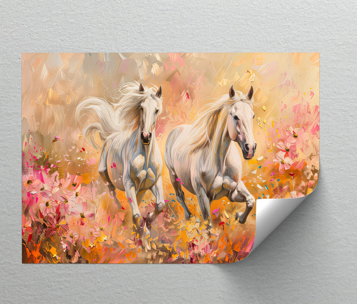 Wild Blossom Run – White Horses Among Petals Canvas Print