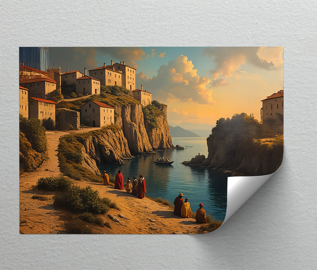 Clifftop Village Serenity – Coastal Sunset Canvas Wall Art | Large Canvas Art