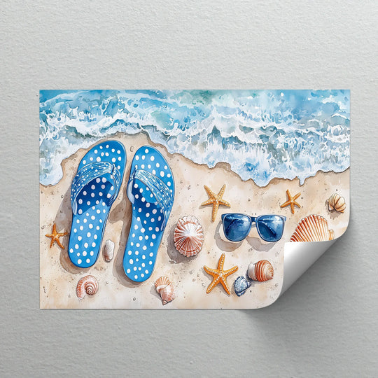 Dancing light and shadow enhance this unique canvas print, depicting a sunny beach scene with blue flip-flops, starfish, and shells near the tide.