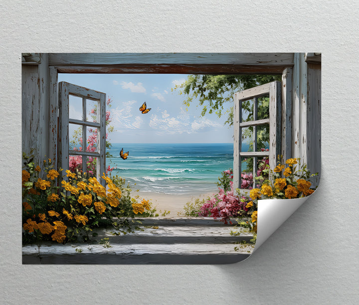 Golden Blooms & Ocean Breeze – Window View Canvas Print