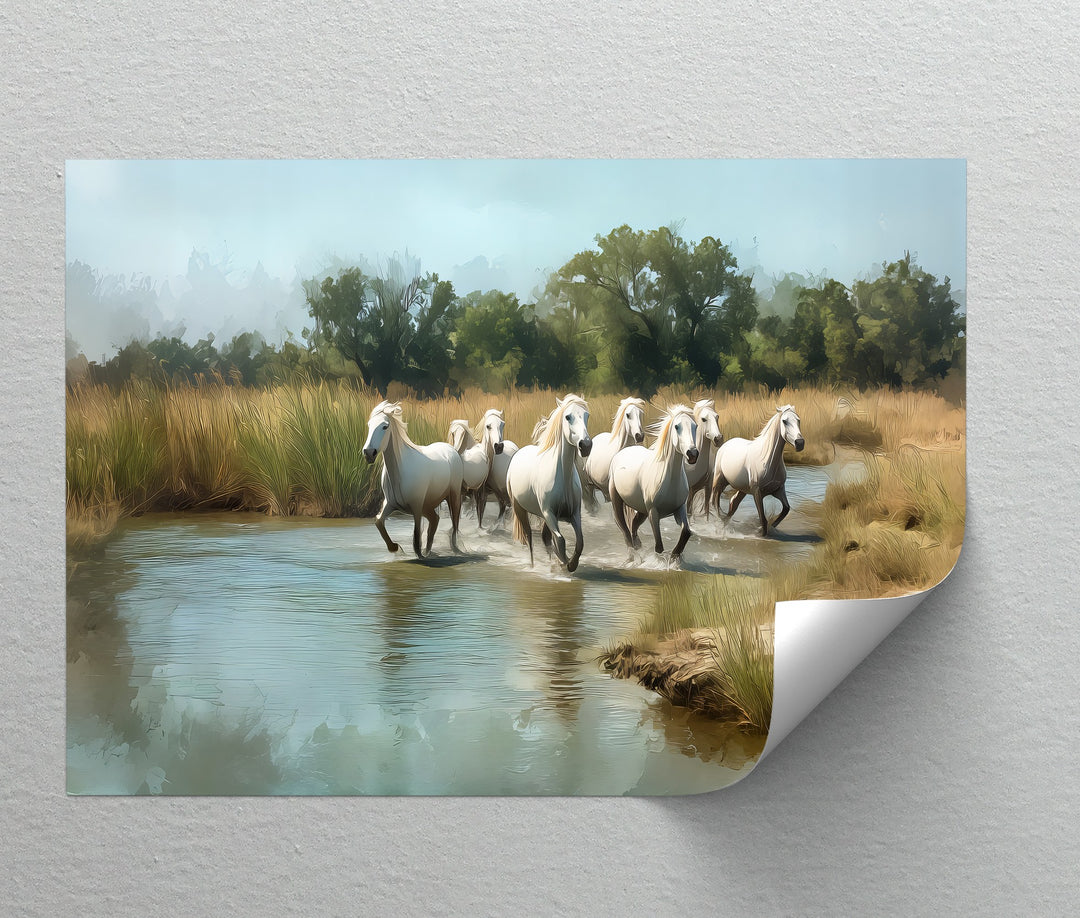 White Horses Running Through River - Horse Canvas Print