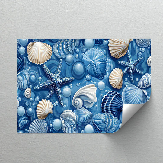 Azure hues comprise the background of this Ocean Treasures starfish and seashell pattern canvas wall art print.