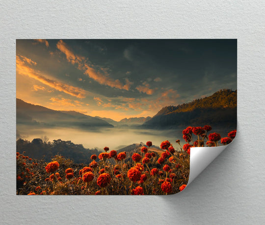 Vibrant red flowers steal the scene as a stunning sunrise illuminates a misty valley in this landscape canvas art prints.