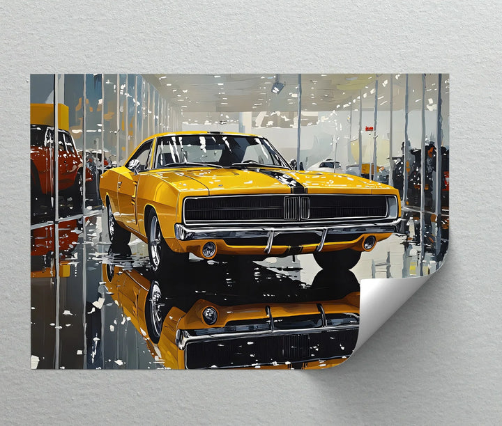 Classic Yellow Dodge Charger in Showroom – Car Canvas Print