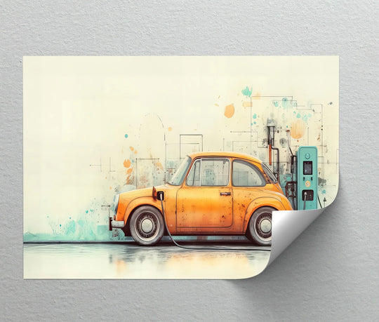 Illuminated by the canvas print’s highlights, this charming electric car scene is brought to life with high quality canvas prints that make the colors pop.