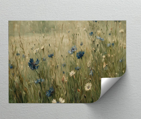 Blurred hazy background enhances the delicate wildflowers in this serene meadow scene hanging canvas art print, bringing natural calm and elegance.