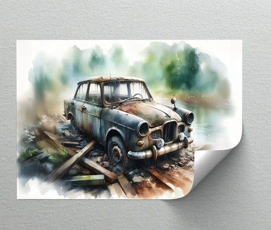 Horizontal car canvas print features an abandoned vintage vehicle rendered with high quality canvas prints, emphasizing the artwork's orientation and rectangular shape.