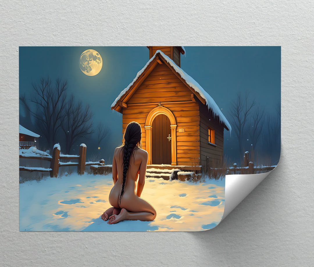 Moonlit Prayer – Sensual Nude in Snowy Night Erotic Canvas Print | Framed Art