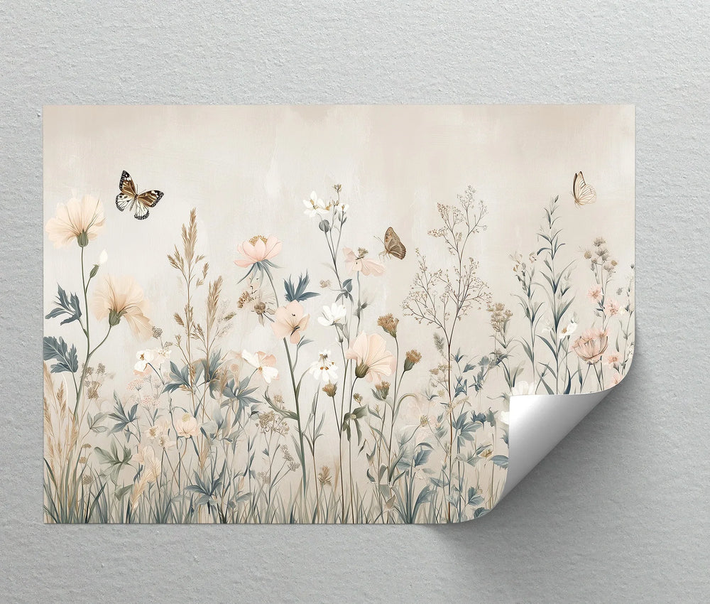 Delicate floral wall art featuring meadow flowers and graceful flying butterflies

