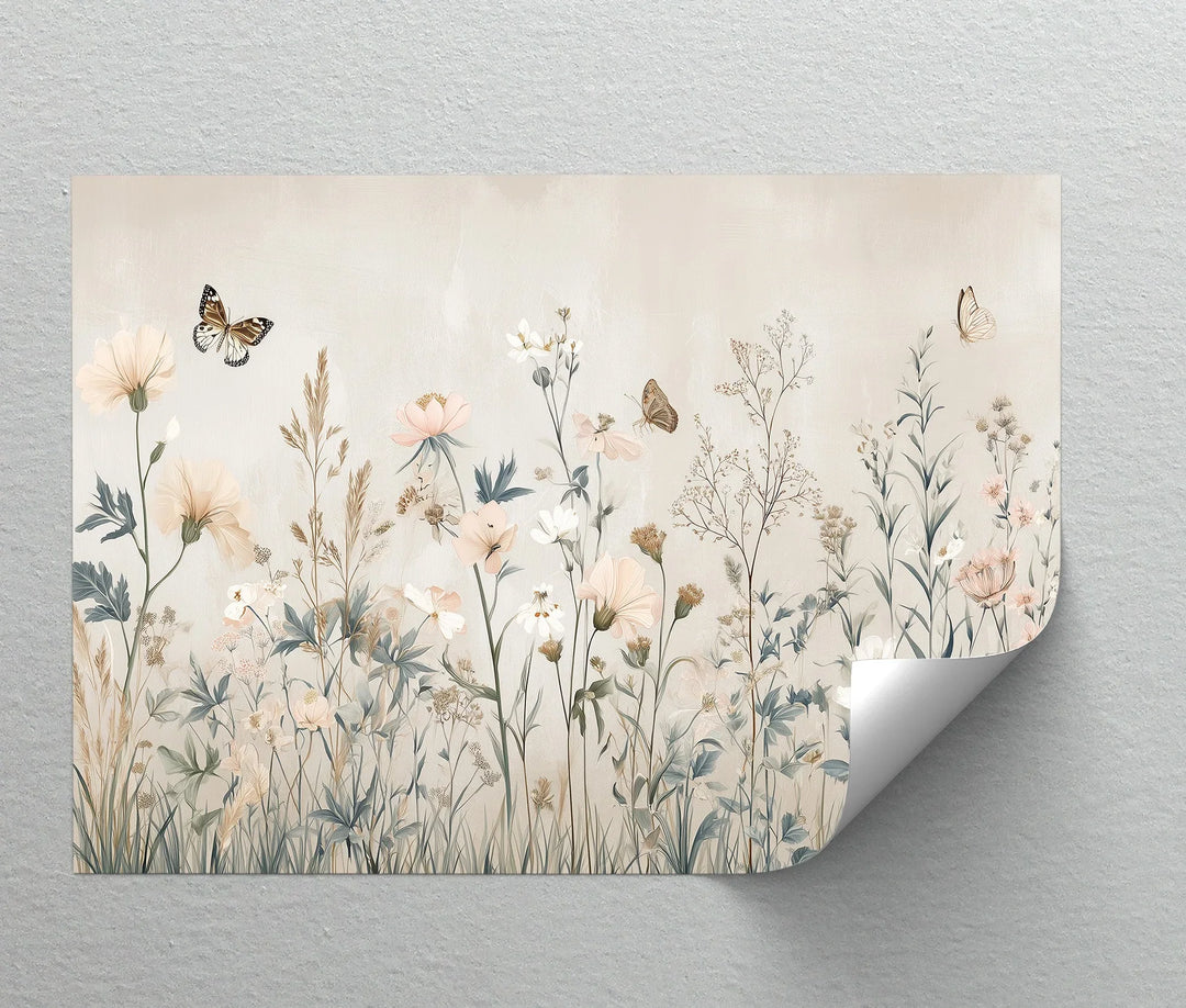 Delicate floral wall art featuring meadow flowers and graceful flying butterflies

