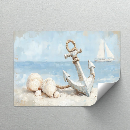Celebrating the organic forms, the hanging canvas art print depicts a scene of seashells, an anchor, and a distant sailboat in soft, nautical tones.