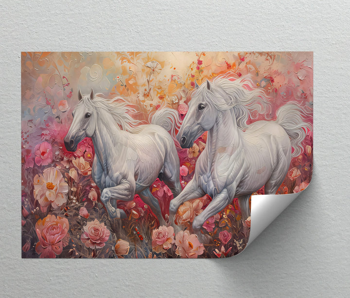 White Horses in Blooming Garden - Horse Canvas Print