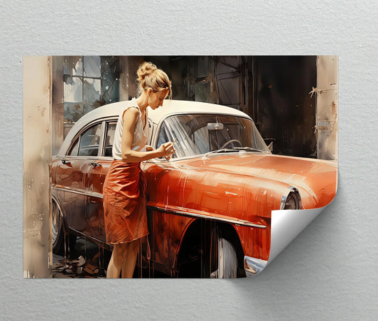 Emphasizing the layering effect, this best canvas prints piece, 'Timeless Connection,' showcases a woman and vintage car for a cinematic and retro aesthetic.