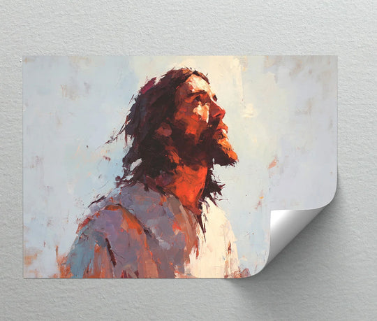 Hopeful mood emanates from this portrait of Jesus in reverent gaze canvas artwork, casting a warm glow with bold strokes of light.