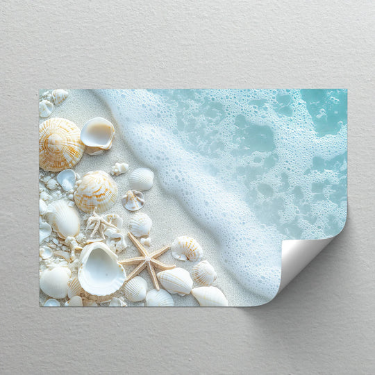 Visual rhythm created by the repeating shapes of seashells and the textured shoreline foam on this coastal calm canvas print, exemplifying the best canvas prints.