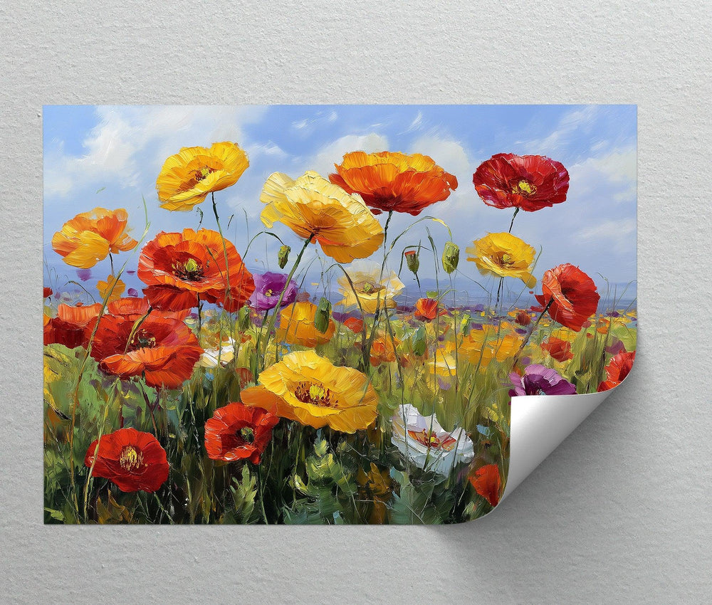 Colorful wildflower meadow artwork under a clear blue sky

