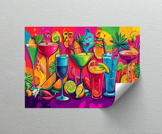Realistic detail captures the vibrant 'Tropical Cocktail Party' canvas wall art, showcasing assorted fruity beverages and garnishes with vivid, summery flair.