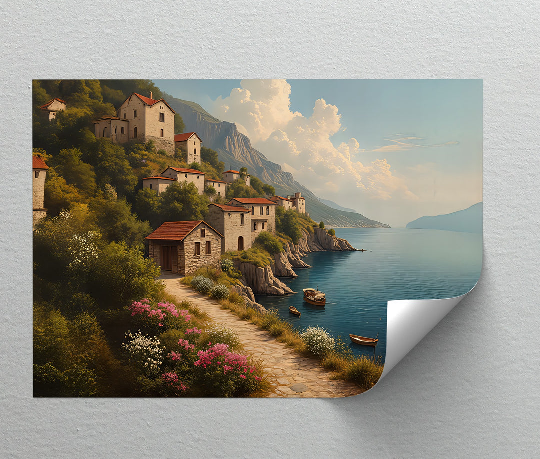 Cliffside Village Serenity – Mediterranean Coastal Canvas Wall Art | Framed Art