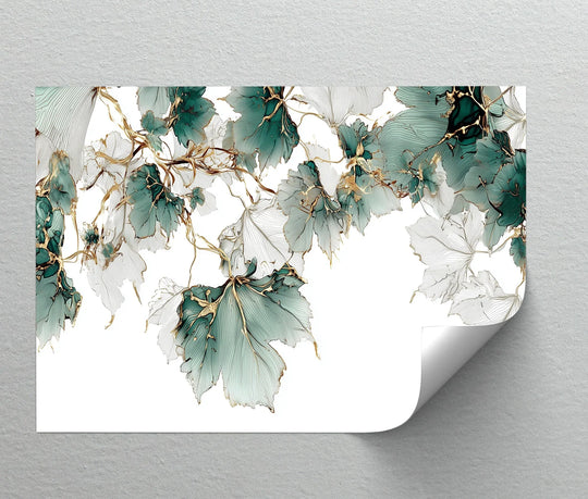 Modern leaf illustration wall art featuring fine lines and metallic gold details

