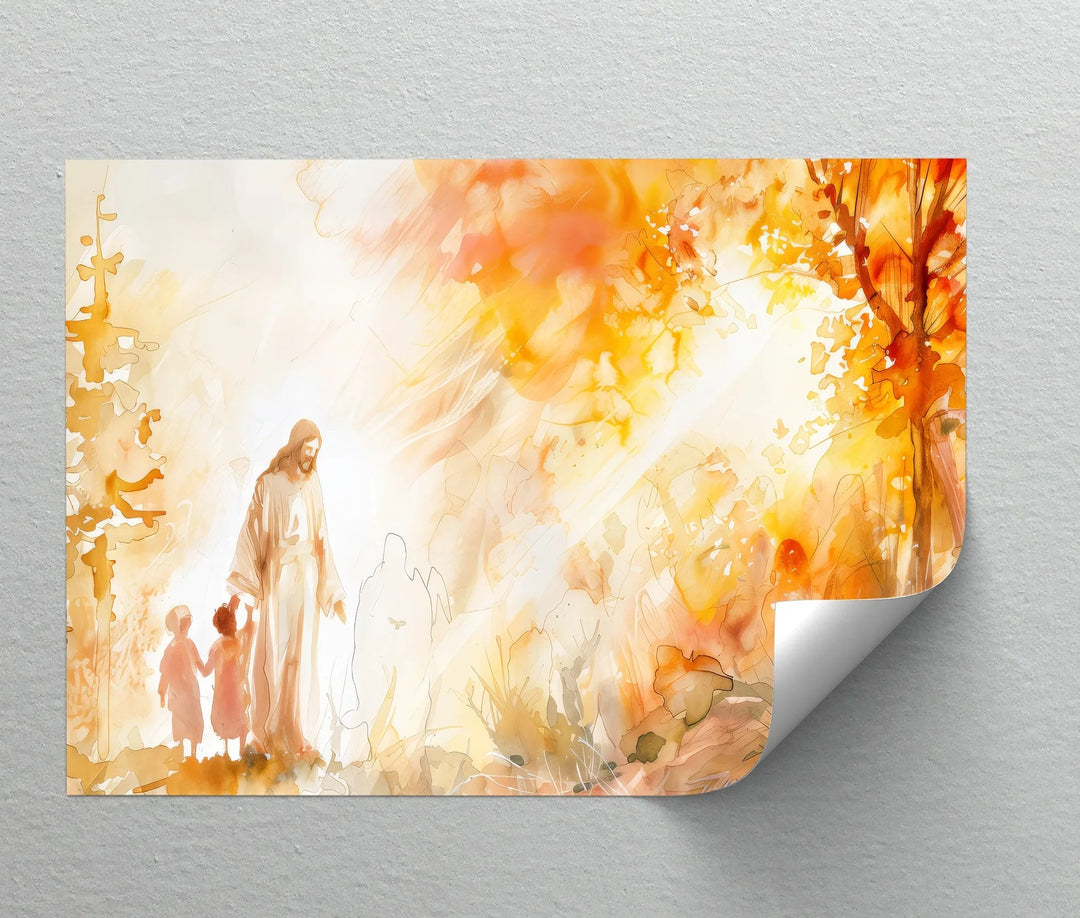Jesus Walking with Children in Autumn Light - Jesus Canvas Print