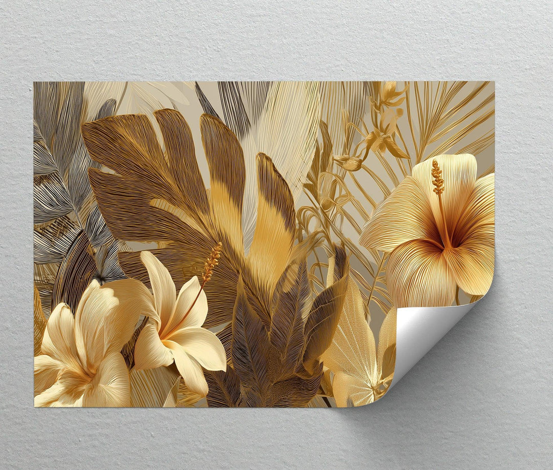 Elegant floral wall art featuring metallic botanical patterns in gold tones

