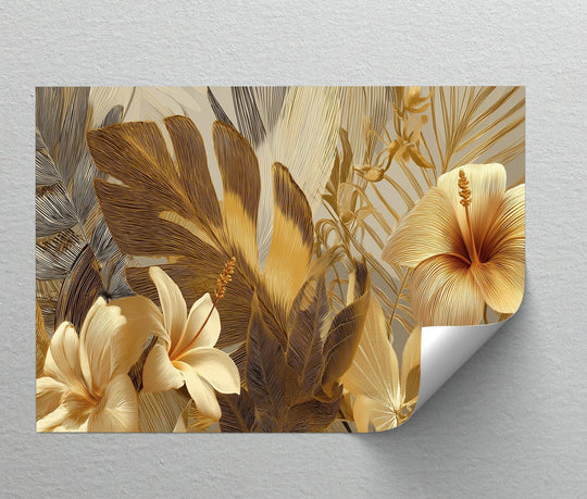 Gallery-worthy finish on this tropical floral canvas print showcases golden hibiscus and palm leaves, making it suitable for elegant canvas pictures.