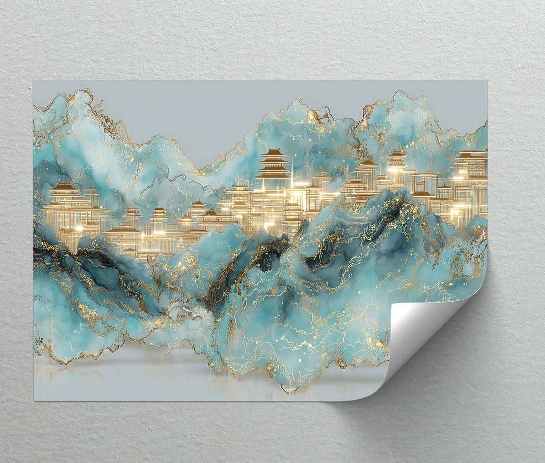 Futuristic Asian inspired city wall art with gold lines and watercolor depth

