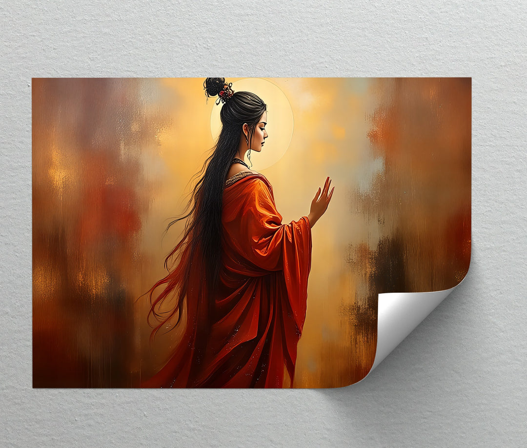 Radiant Serenity – Oriental Woman in Red Canvas Wall Art | Framed Art