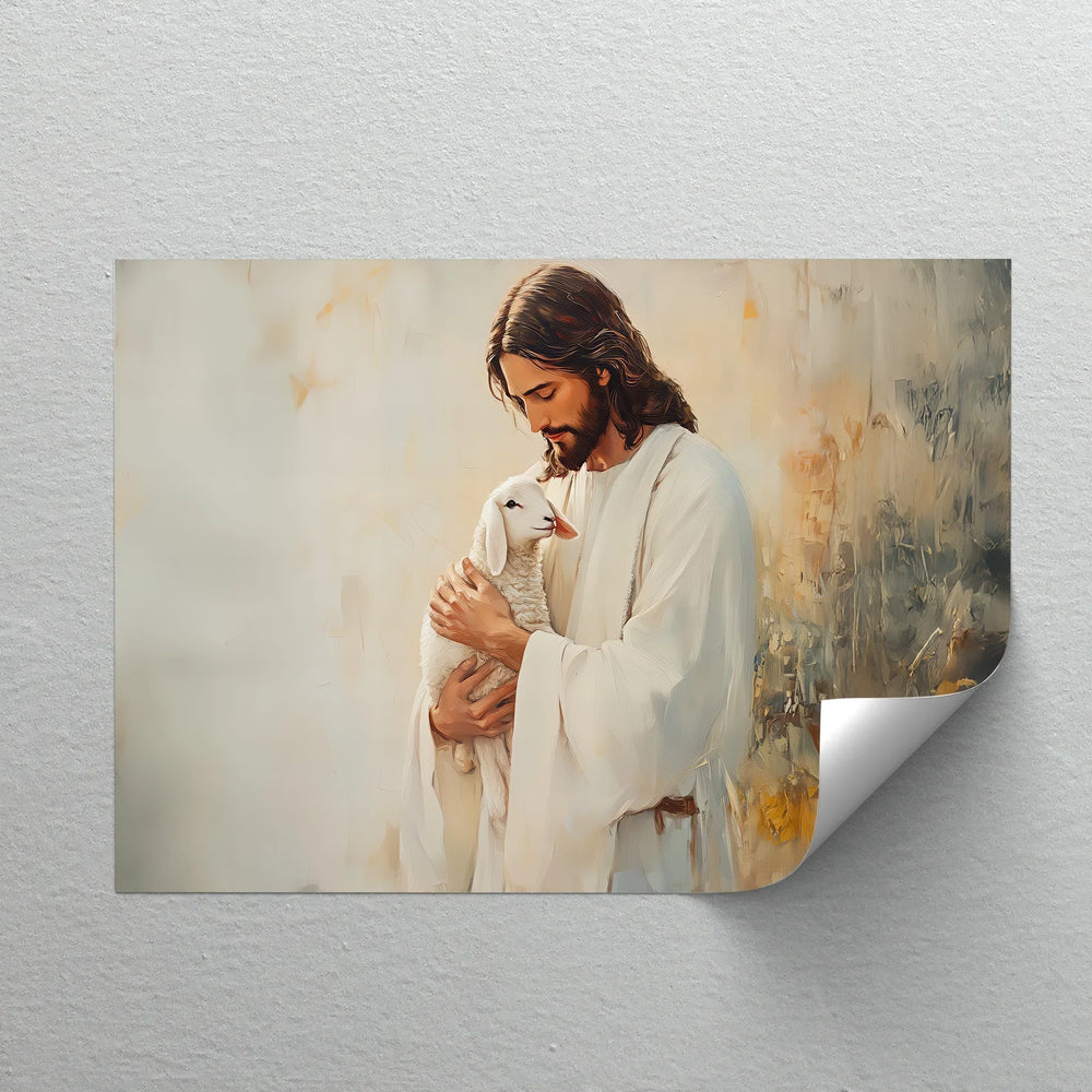 Tender Christian wall art of Jesus embracing a lamb.

