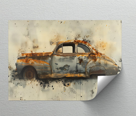 Angular lines define the abstract vintage car's geometric elements, blending rust with artistic splashes on this hanging canvas print.